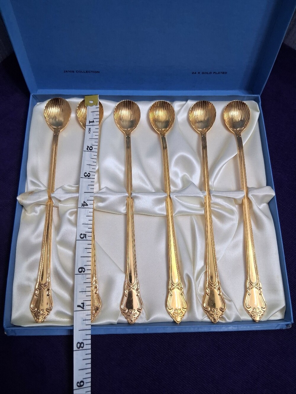 Vintage Janis 24K Gold Plated Long Spoons Iced Tea Cocktail Dessert Shell Shaped - Picture 13 of 15